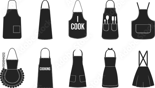 Kitchen apron silhouettes collection isolated on white background, cooking and baking uniform vector illustration set with different styles