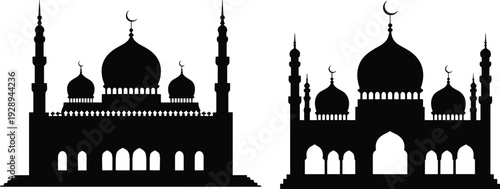 Mosque silhouette set with domes and minarets Islamic architecture black and white vector illustration for Ramadan Eid Mubarak design