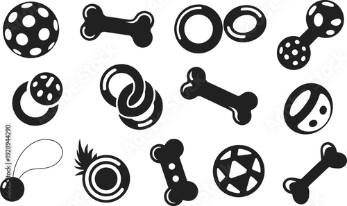 Dog toys icon set with balls bones rings and chew items black and white vector illustration collection for pet shop design