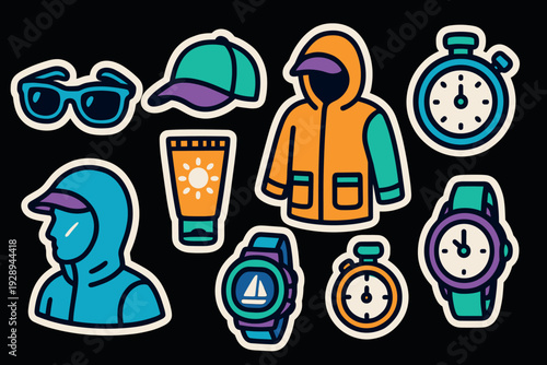 set of hand drawn summer and outdoor accessories icons including sunglasses caps sunscreen jackets watches and stopwatches