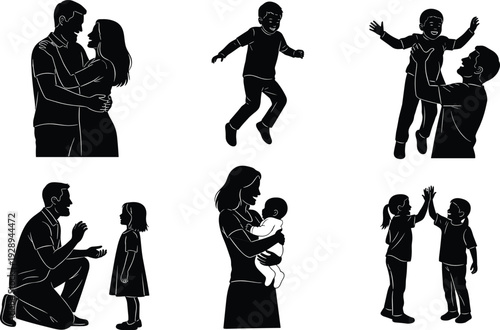 Happy family silhouette set father mother children bonding moments hugging playing high five parenting love black and white vector illustration collection
