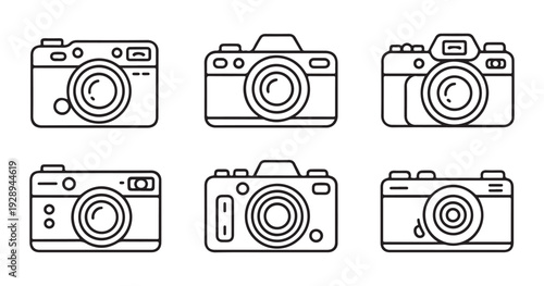 Set of six black and white outline icons representing various vintage and modern photographic cameras