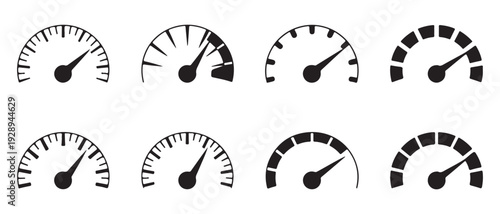 Set of eight black and white vector speedometers or gauges with needles pointing to different speeds