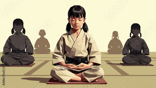 young girl meditating in martial arts uniform sitting in lotus position hand drawn illustration for mindfulness and relaxation