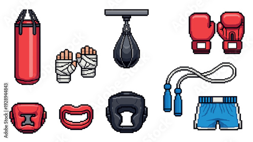 boxing equipment set pixel art with punching bag gloves hand wraps headgear jump rope and shorts