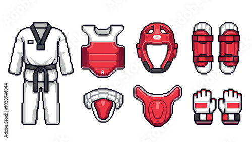 pixel art taekwondo protection gear collection hand drawn martial arts equipment set