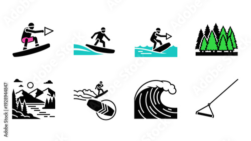 wakeboarding and nature icons set in hand drawn style including wakeboarders waves forest and mountains