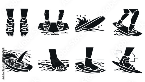 wakeboarding black silhouette icons set with feet, board, fin, and water splash hand drawn elements