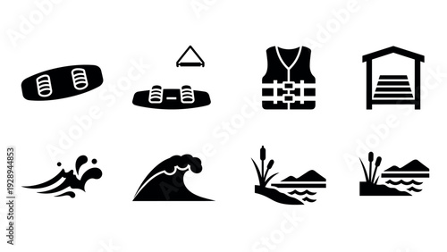 wakeboard set with life jacket dock water splash wave and lakeside landscape hand drawn black silhouette icons