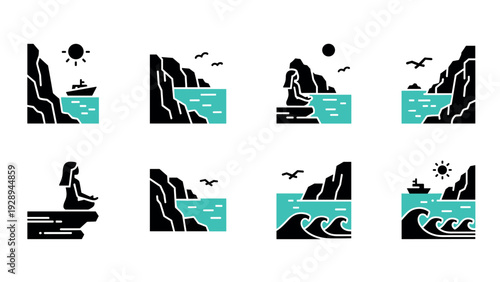 coastal cliffs and ocean waves with boats and meditation figures simple vector icon collection