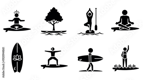 set of black silhouette yoga and surfing icons with paddle board and fitness elements