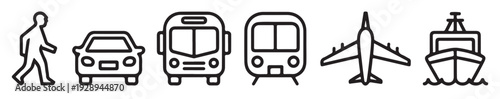 Set of black outline transportation icons including pedestrian, car, bus, train, airplane, and ship