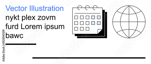 Schedule management, global networking, organization, events planning, business tools, communication. Minimal design a calendar and globe outline. Schedule management and global networking concept