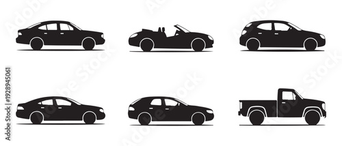 Set of diverse automobile and vehicle silhouettes showcasing different types of cars and trucks on white background