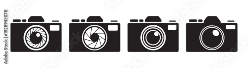 Silhouetted camera icons showcasing different lens and shutter mechanisms for photography and digital imaging technology