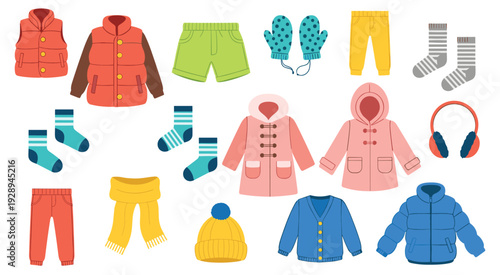 Winter clothing collection for kids warm jackets coats hats gloves scarves socks and earmuffs colorful seasonal apparel set isolated on light background illustration