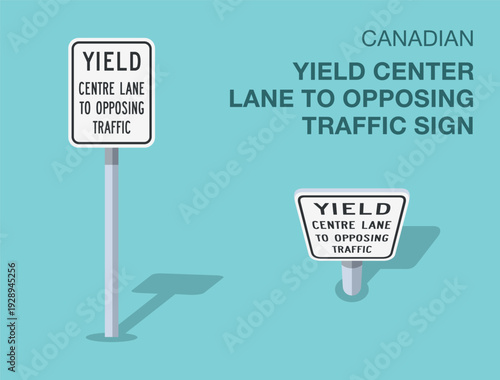 Traffic regulation rules. Isolated canadian "yield center lane to opposing traffic" road sign. Front and top view. Flat vector illustration template.