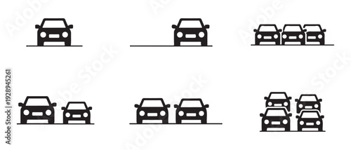 Collection of car icons showing different parking arrangements and vehicle density on white background