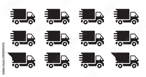 Set of diverse truck silhouettes with motion lines, representing delivery and transport services