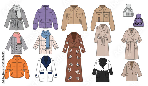 Women winter coats and jackets collection flat illustration set stylish outerwear with scarves hats puffer trench wool coat fashion apparel design bundle