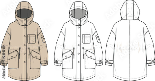 Women winter parka coat technical outerwear hooded jacket front back views fashion flat sketch beige white insulated long coat design illustration