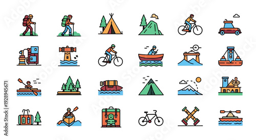 Outdoor adventure and recreation vector icons set for travel and vacation
