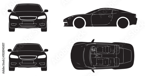 Sedan car blueprint views set including front side and top interior perspective for automotive design project