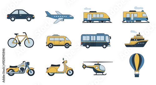 Transportation vehicles illustration set car plane train bicycle and more