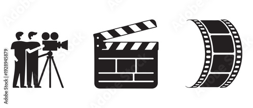 Filmmaking production silhouettes with cameraman clapperboard and curved filmstrip vector art
