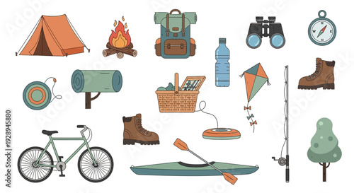 Camping and outdoor recreation equipment collection vector illustration set