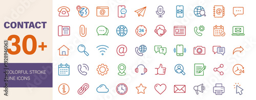 Collection of colorful line icons representing various communication and contact methods displayed on a clean white background