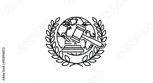 Global justice concept with gavel, globe, and laurel wreath icon