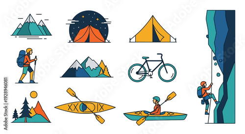 Outdoor adventure icons mountain climbing camping and cycling illustrations