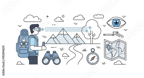 Illustrated man with backpack wearing vr headset exploring nature and technology
