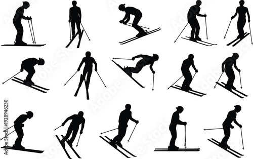 Skiing silhouettes collection isolated on white background, winter sport athletes skiing downhill and jumping vector illustration set