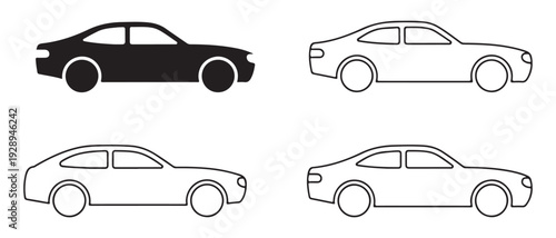Four car icons in black and white silhouette and outline variations representing different automobile styles