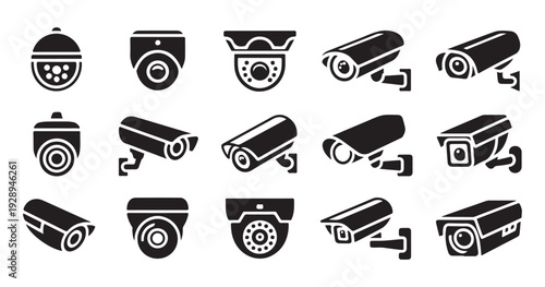 Security camera vector icons collection surveillance equipment for monitoring and protection various styles and models