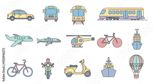 Transportation icons variety of vehicles depicted in a modern flat style
