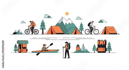 Outdoor adventure illustration camping hiking biking kayaking against mountain backdrop