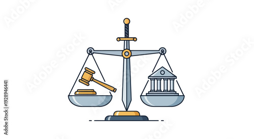 Balance scale with gavel, courthouse, and sword representing justice