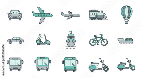 Transportation icons variety of vehicles for travel and commuting illustrations