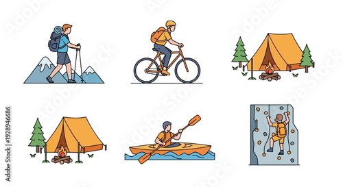 Outdoor adventure and recreation scenes hiking biking camping kayaking climbing