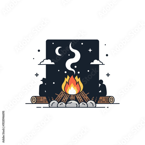 Friends sitting by campfire under moonlit night sky