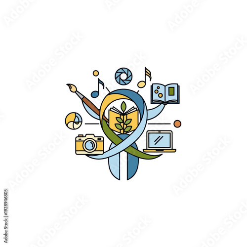 Diverse creative arts and digital learning tools icons