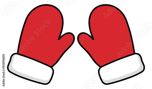 Hand drawn line art winter mittens set featuring red mittens with white cuffs for Christmas season