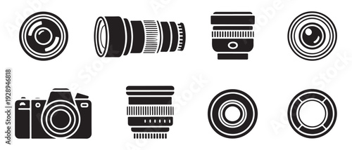 Camera lens and body vector icons set photography equipment essential tools for professional amateur photographers