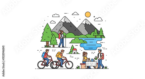 Outdoor adventure illustration mountain scene with hikers bikers and picnic