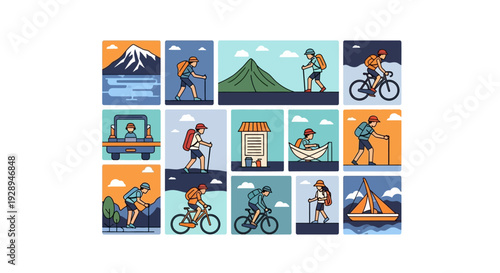 Illustrated scenes of outdoor activities hiking biking boating and travel concepts