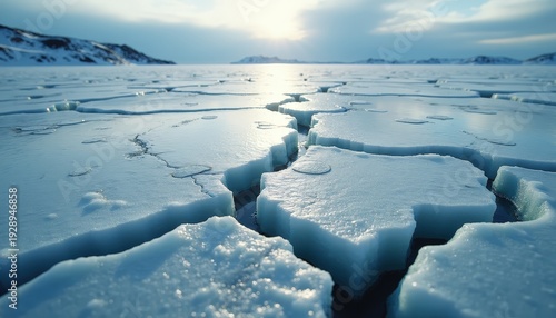 Frozen Arctic Landscape with Cracked Ice and Sunlight Reflecting on Water Under a Cloudy Sky