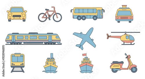 Transportation vehicles illustration collection cars bus bicycle ships trains